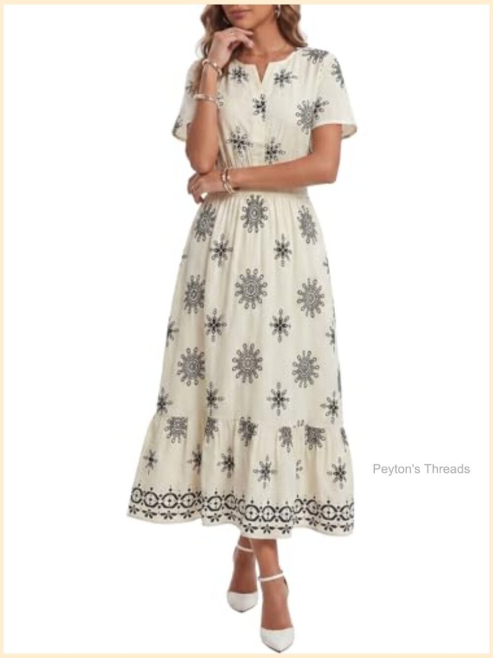 V Neck Short Sleeve Flowy Maxi Dress - Bohemian Floral Tiered Ruffle - Picture 4 of 4
